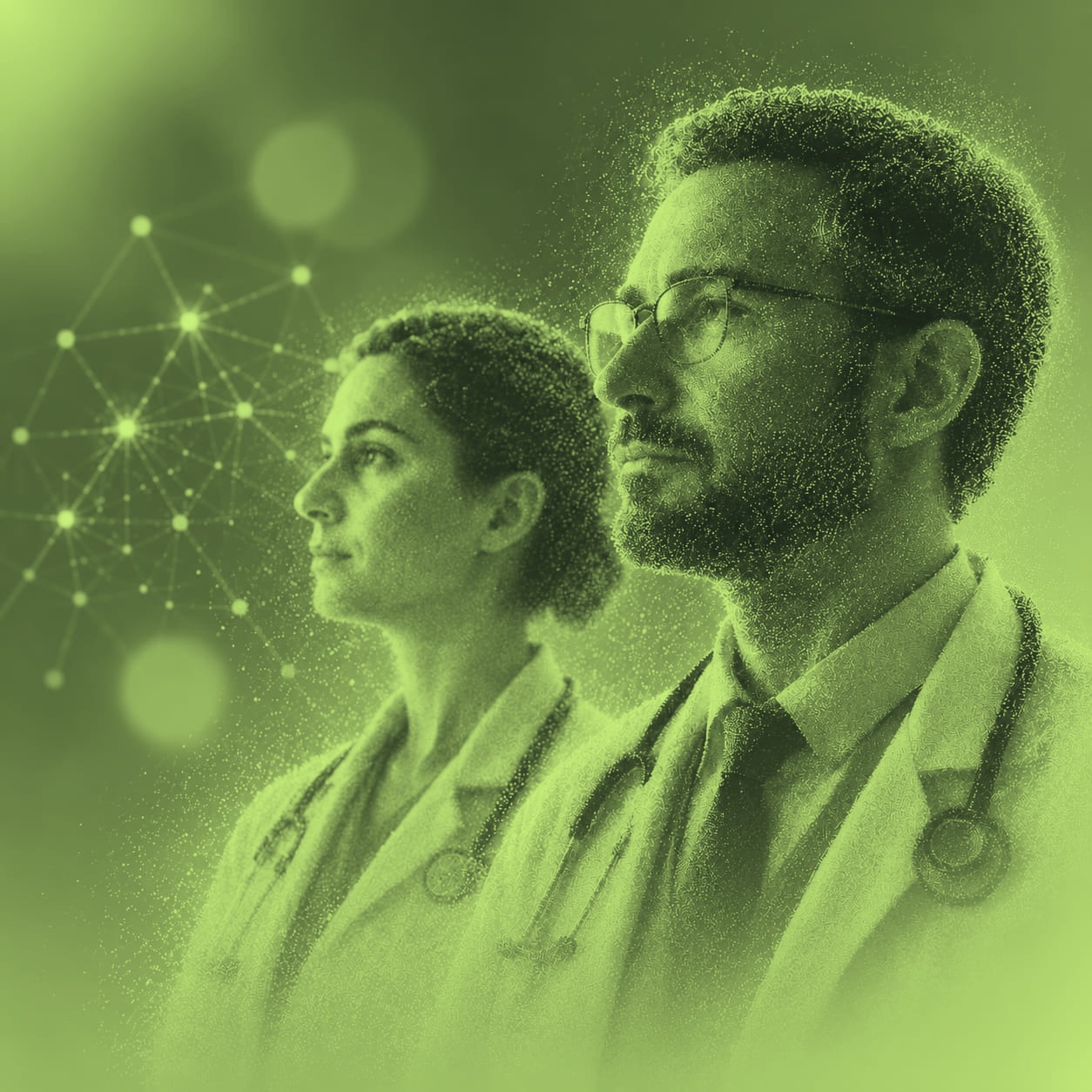 Médico y médica revisando información asistida por inteligencia artificial